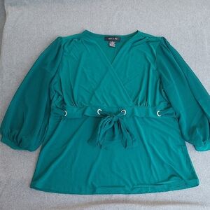 Adele & May Emerald Green Surplice Wrap Top with Grommet Tie Waist - Size L